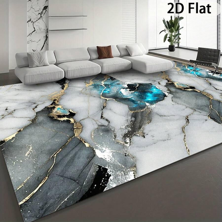 Large-Sized Luxurious Soft Rectangular Area Rug, Modern Minimalist Style With Marble Texture Pattern, In White, Gray, Blue, And Gold Color Scheme, Suitable For High-Traffic Large-Area Living Rooms, Indoor Spaces, Bedrooms, Offices, Dining Rooms - 1PC - 查看 1