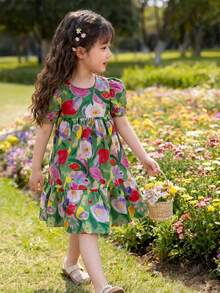 Girls' Summer Dress, Young Girl' Cute Short Sleeve Dress, New Young Girl' Summer Clothes, Loose Dress With Floral & Painting Pattern - Green - View 6