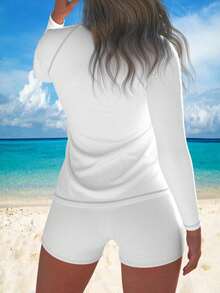 Women Vintage Tight Fitting Sports Beach Surfing Long Sleeve Rash Guard Swimsuit 2 Piece Set Pullover Swimwear With Boyshorts Diving Suit High Elasticity, Sun Protection, Quick Drying, Surfing, Diving, Outdoor Swimming, Sunbathing - White - View 6