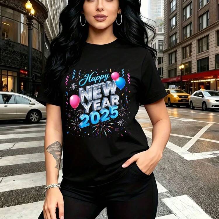 Camiseta de mujer con estampado "Happy NEW YEAR 2025" con globos y confeti - camiseta casual de manga corta con diseño festivo, ajuste cómodo y moderno estilo urbano - ideal para celebraciones de Año Nuevo, salidas nocturnas en la ciudad y regalo per - Negro - Añade 11