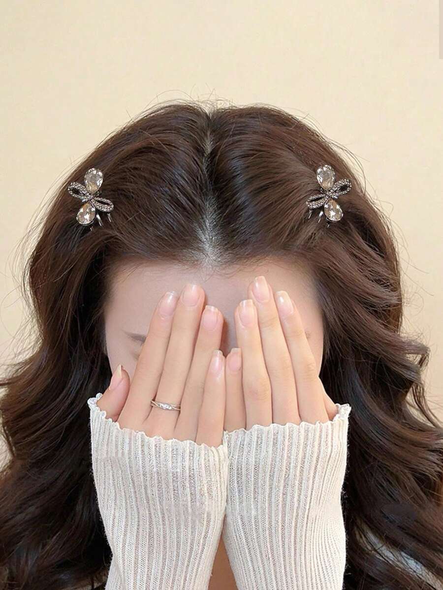 2pcs Premium Front Side Hair Clips For Bangs, Small Rhinestone Bow Alligator Hair Clips, Crystal Hair Accessories For Women, Suitable For Daily Wear And Dates - Black - View 1