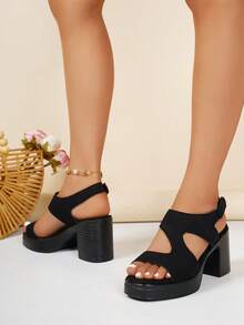Women's Solid Color Hook And Loop Fashionable Versatile Thick Heel Open Toe Sandals, Platform High Heels - Black - View 3