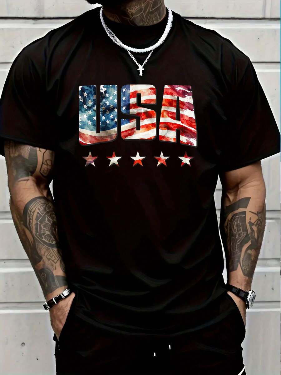 100% Cotton Casual Tshirt USA US Flag Patriotic 4th Of July America T-Shirt Women's Men Graphic Tee - 黑色4 - 查看 1