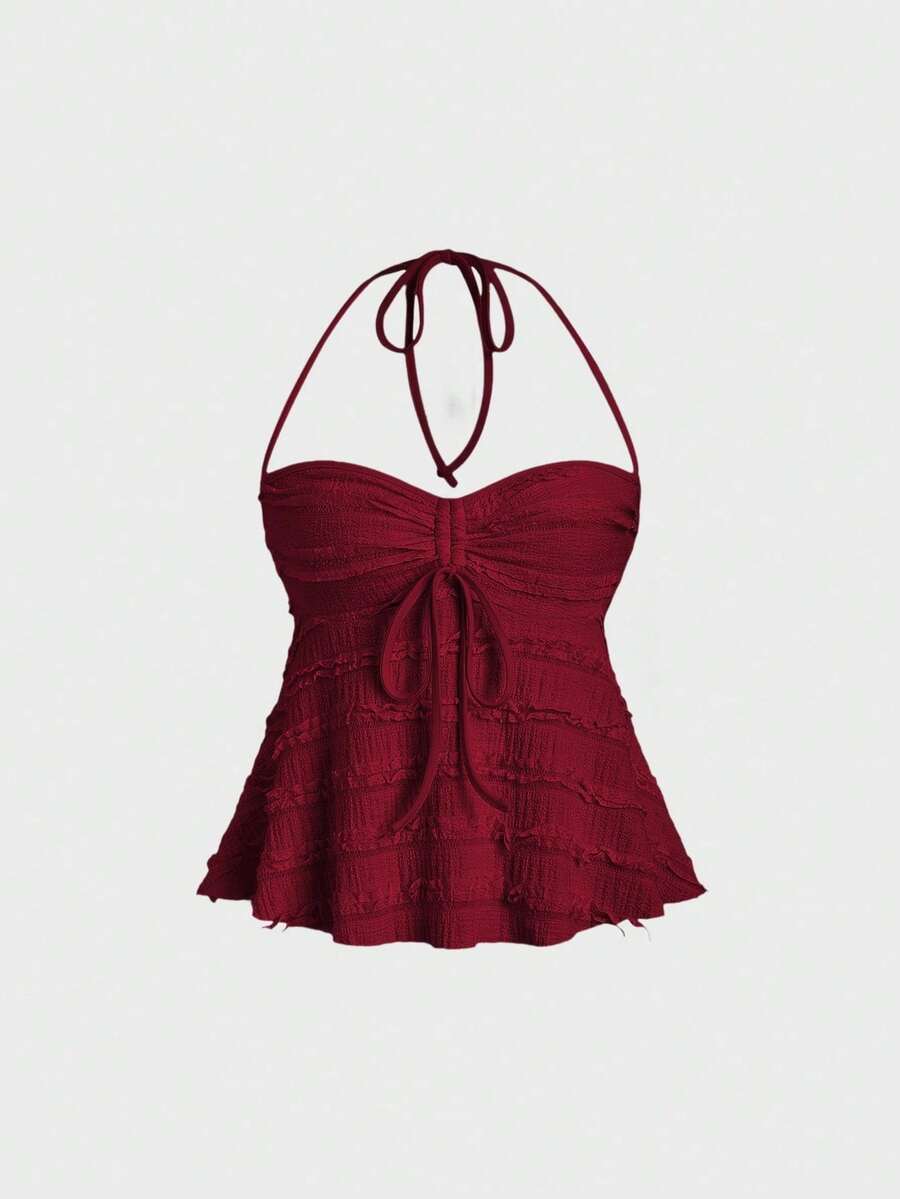Casual Solid-Color Tank Top With Drawstring And Front Knot, Summer - Bordeaux - View 1
