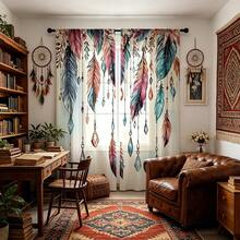 2PCS Bohemian Feather Decorative Sheer Curtains, Modern Art Design Suitable For Kitchen, Living Room, Bedroom, Balcony, Suitable For Halloween, Christmas And Other Holiday Decorations, Machine Washable All Season Home Decoration, Lightweight And Durable Fabric, Creating A Festive Atmosphere For Sheer Curtains, Essential For Interior Design, Suitable For All Seasons, Decorative Sheer Curtains - Multicolor - View 2