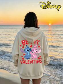 Couples Disney Lilo & Stitch "Be My Valentine" Print Hooded Sweatshirt, Casual Loose Streetwear Hoodie, Sold As Single Piece 1pcs - Quả mơ dành cho nữ - Xem 2