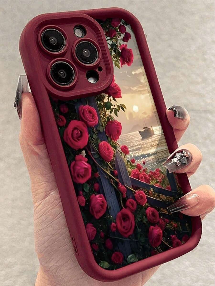 1pc Burgundy Romantic Red Rose Full Coverage TPU Shockproof Phone Case Compatible With Apple 16 15 14 13 12 11 Pro Max - Multicolor - View 1