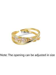 1pc Vintage Geometric Line Cross Ring With Rhinestone – Open Adjustable Retro Sparkling Zirconia Band, Statement Summer Holiday Jewellery For Women - Yellow Gold - View 5