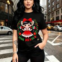 Camiseta de mujer con estampado vibrante de Calavera mexicana en traje rojo y blanco rodeada de flores y banderas - diseño "Viva México" con estilo urbano y cultural, ajuste cómodo y moderno para el día a día - ideal para celebrar el Día de Muertos, - Negro - Ver 8