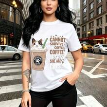 Camiseta de mujer con estampado divertido de café helado y gatito adorable con texto en inglés "A woman cannot survive on coffee and poppy she also loves cats" - camiseta casual de manga corta, ajuste cómodo y fresco, estilo urbano y moderno con dise - Blanco - Ver 11