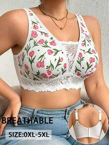1pc Casual Comfortable Minimalist Plus Size Women's Bra Lace Patchwork Floral Print, Wire-Free Push-Up Soft Comfortable Lingerie - White - View 5