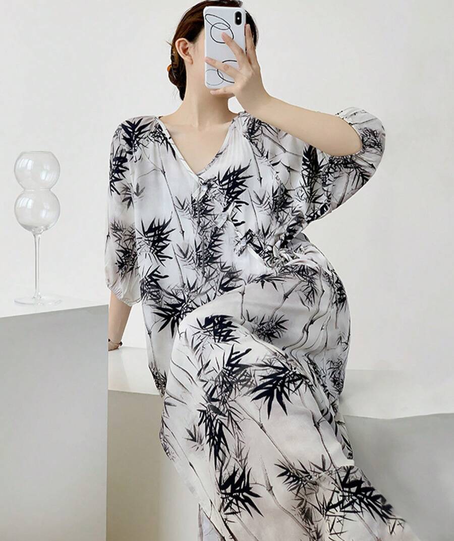 New Chinese-Style Printed Dress For Women, V-Neck, Puff Sleeves, Loose Cotton Silk Nightgown, Traditional Style Vacation Home Long Dress - Bamboo Ink Painting - View 1