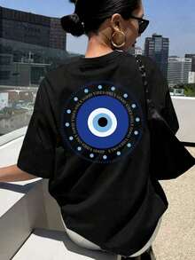 Cotton T-Shirt With Graphic Print "Evil Eye Good Vibes Only", Women's T-Shirt With Mystic And Spiritual Print, Casual Short Sleeve Round Neck Top, Lucky Boho Aesthetic Cotton T-Shirt For Urban Wear And Everyday Use - 黑色 - 查看 1