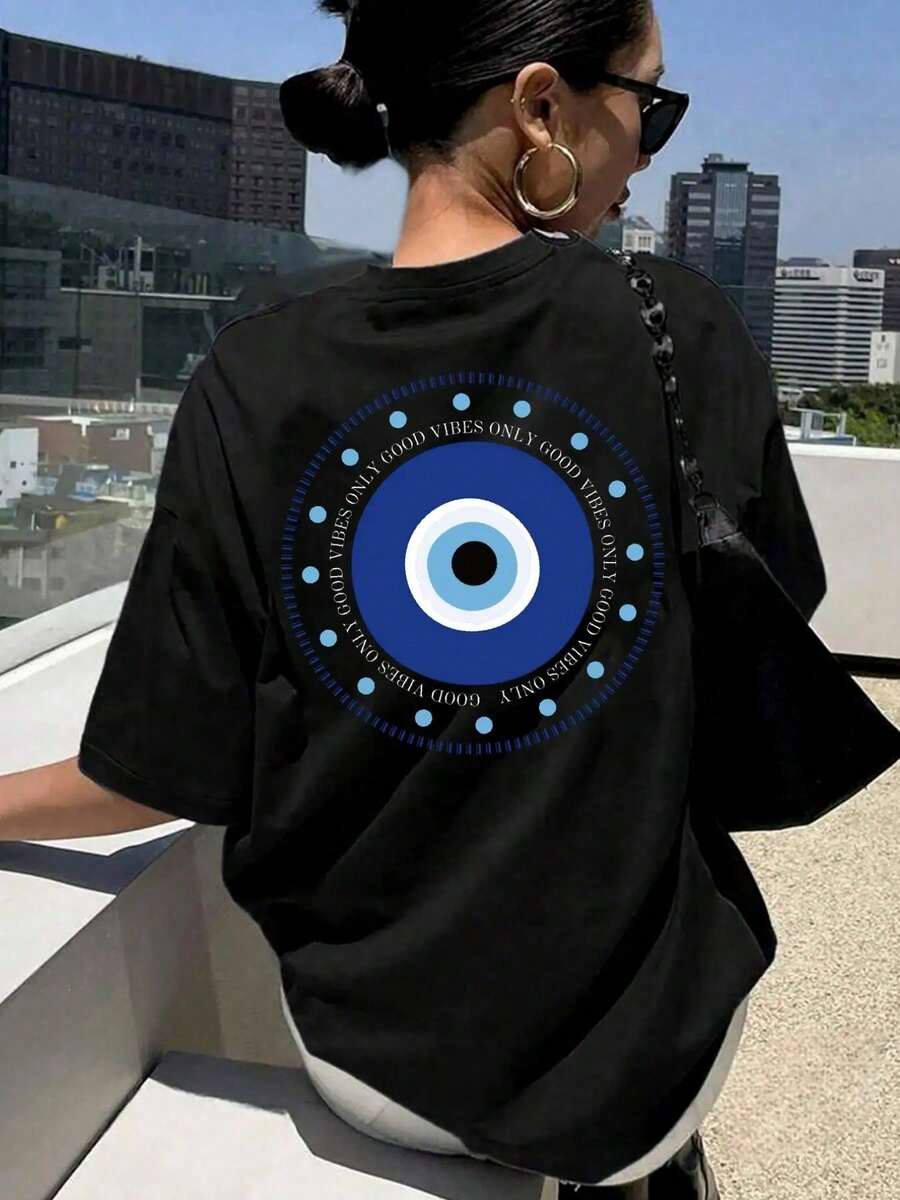 Cotton T-Shirt With Graphic Print "Evil Eye Good Vibes Only", Women's T-Shirt With Mystic And Spiritual Print, Casual Short Sleeve Round Neck Top, Lucky Boho Aesthetic Cotton T-Shirt For Urban Wear And Everyday Use - 黑色 - 查看 1