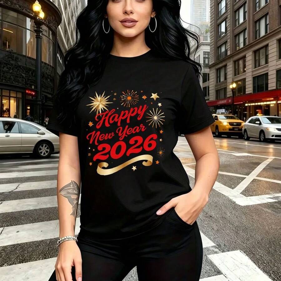 Camiseta de mujer con estampado festivo "Happy New Year 2026" y fuegos artificiales en rojo y dorado - camiseta corta de manga casual, ajuste cómodo y moderno, estilo urbano para la ciudad - ideal para celebrar Nochevieja, salidas nocturnas y regalo - Negro - Ver 1
