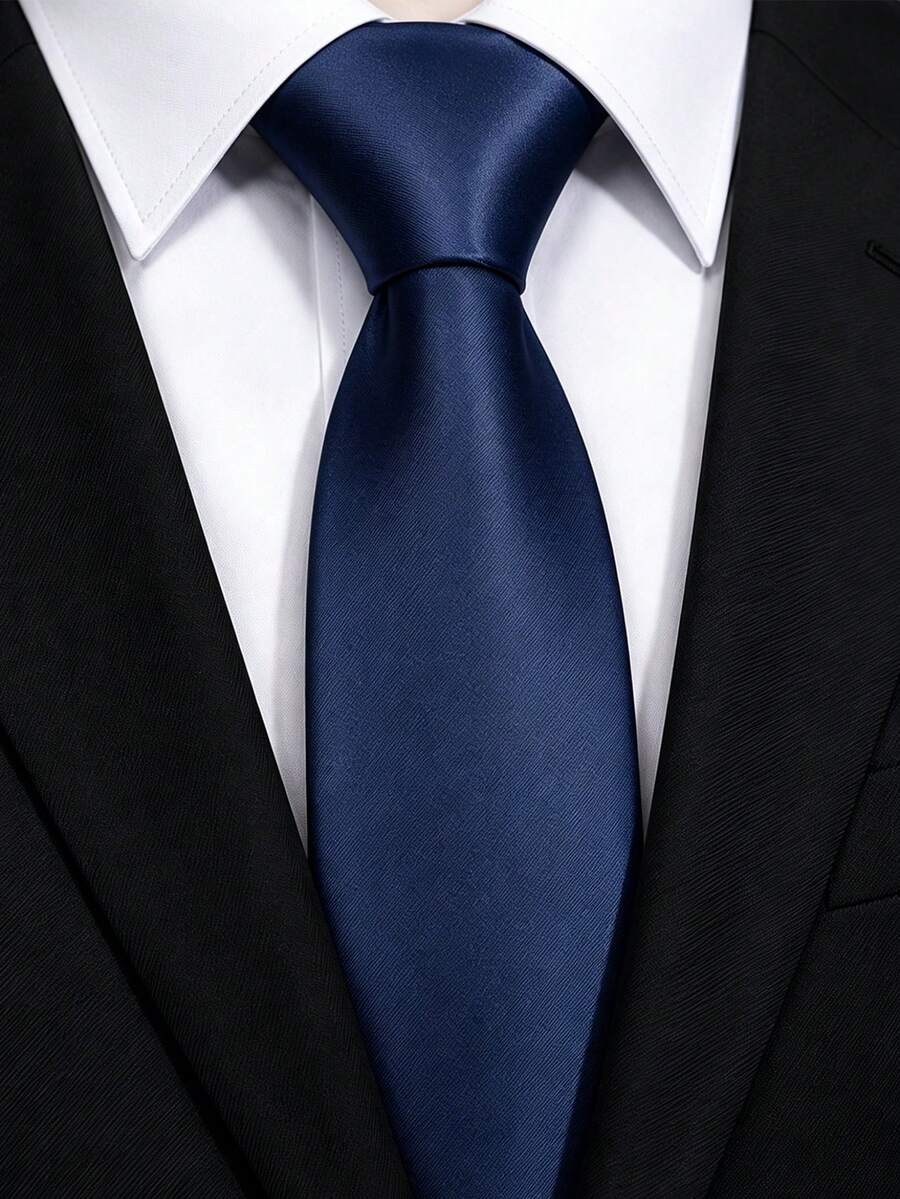 1pc Solid Color Satin Necktie, Men's Solid Color Tie, Suitable For Business And Wedding Occasions (7cm) - Dark Blue - View 1