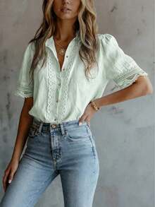 Elegant Women's Solid Color Embroidered Lace Patchwork Blouse, Versatile For Home, Daily Wear, All Seasons Summer - Light Green - View 4