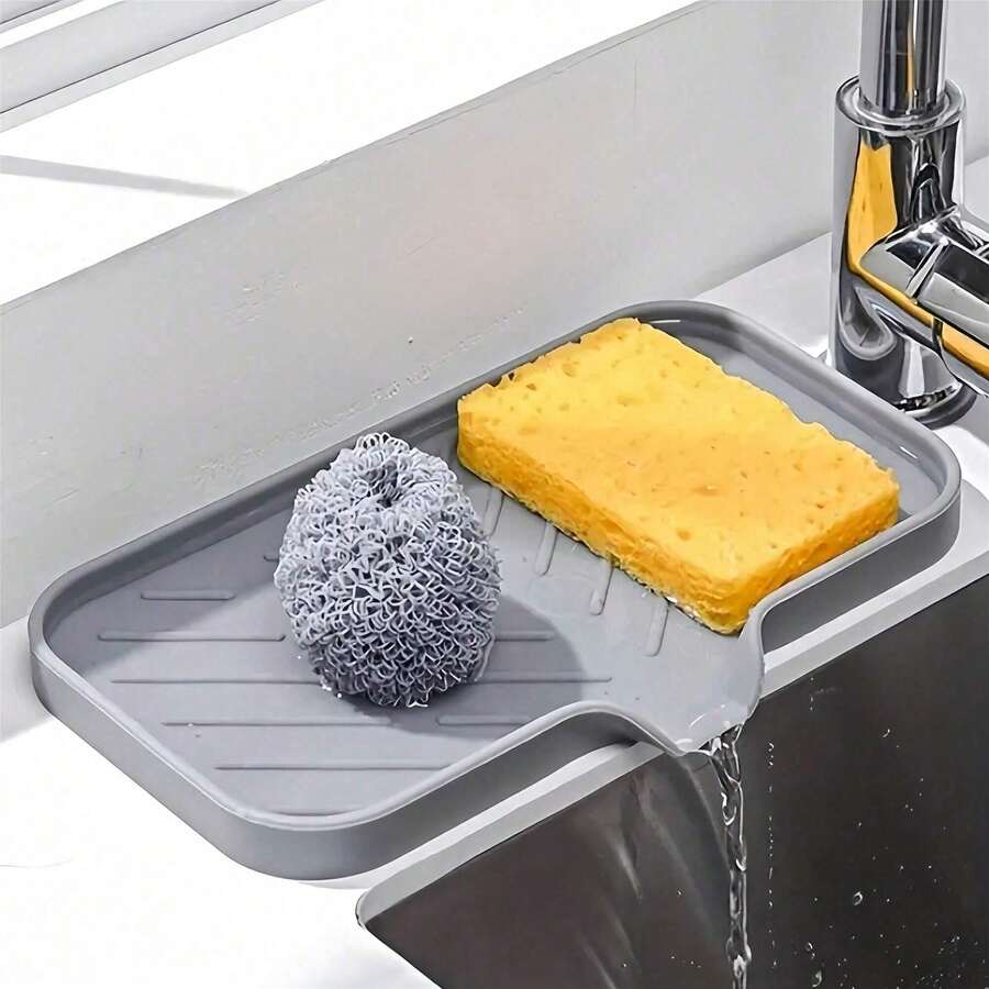 1pc Silicone Draining Rack, Kitchen Sink Splash Guard - Silicone Faucet Handle Drip Filter Tray, Dish Soap Dispenser, Faucet Back Sponge Holder Pad, Kitchen Sink Accessories, Suitable For Kitchen Countertop And Bathroom - Multicolor - View 1