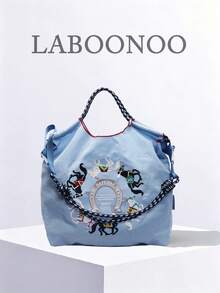 Women's Handbag, Large Capacity Waterproof Canvas Embroidered Tote Bag, Personalized Pattern Portable Shoulder Tote Bag - Blue - View 1