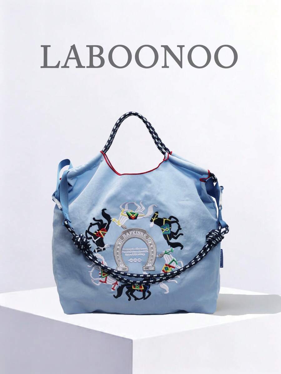 Women's Handbag, Large Capacity Waterproof Canvas Embroidered Tote Bag, Personalized Pattern Portable Shoulder Tote Bag - Blue - View 1