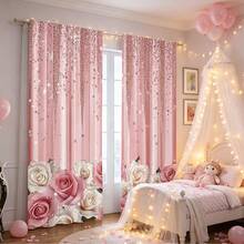 2pcs/Set Shiny Pink Rose Pattern Printed Curtains, With Rod, Privacy Protection, Easy Installation, Suitable For Living Room, Kitchen, Cafe, Restaurant, Balcony, All Seasons, Decorative Curtains - Multicolor - View 5