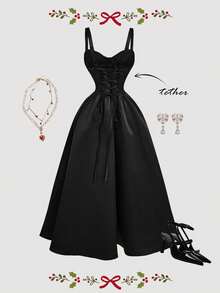 MOD Strappy Dress With Lace-Up Back And Flared Hem - 黑色 - 查看 1