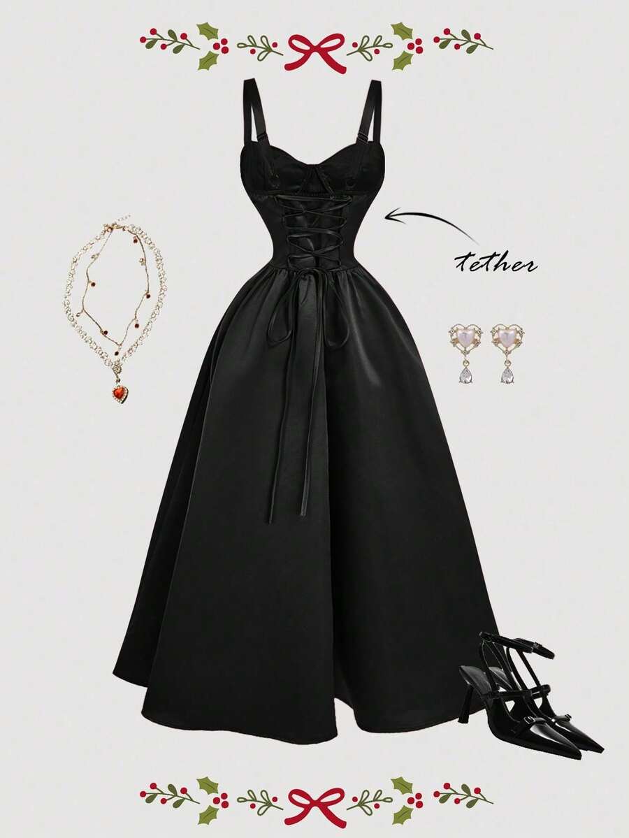 MOD Strappy Dress With Lace-Up Back And Flared Hem - 黑色 - 查看 1