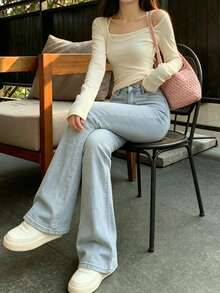 Women's Versatile Solid Color Flare Pants, Suitable For Daily Wear And Commuting Casual Fall - Light Wash - View 3