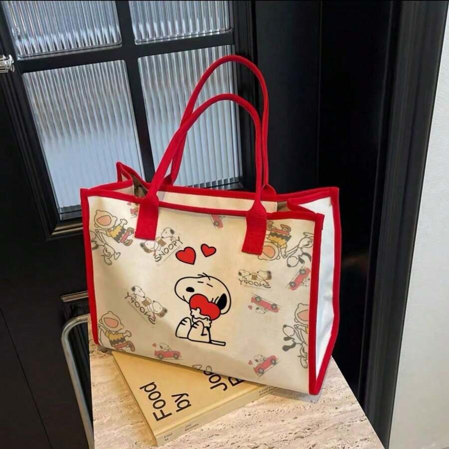 SNOOPY 女款大容量帆布托特包,新款卡通史努比印花單肩手提包,外出購物袋 - D - 查看 1