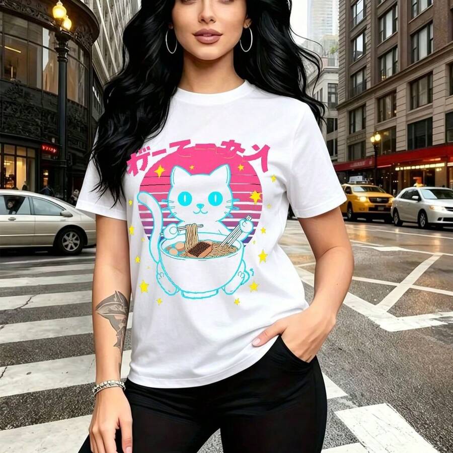 Camiseta de mujer con estampado de gato negro estilo anime sentado en tazón de ramen japonés con ojos azules brillantes y sol rosa - camiseta casual de manga corta con cuello redondo, ajuste cómodo y fresco, estilo urbano y divertido para el día a dí - Blanco - Ver 1
