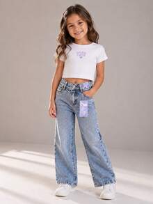 Calça Jeans Wide Leg Infantil Feminina Lavagem Clara – Moderna, Confortável e Cheia de Estilo - Azul Empoeirado - Visão 1