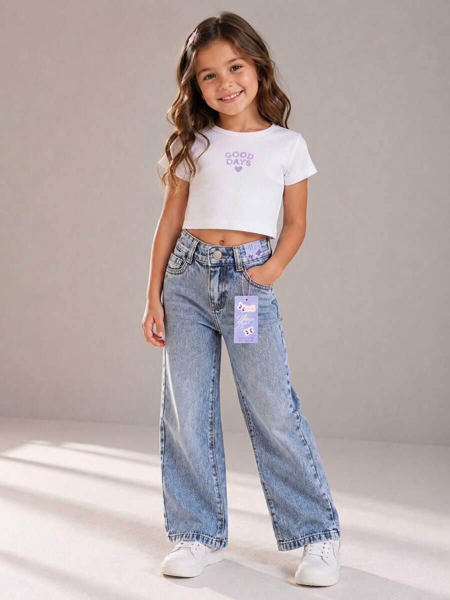 Calça Jeans Wide Leg Infantil Feminina Lavagem Clara – Moderna, Confortável e Cheia de Estilo - Azul Empoeirado - Visão 1