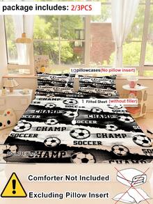 2/3PCS Boys Soccer Themed Fitted Sheet, Black & White Football Champ Pattern Bedding Set For Kids Teens, Soft Microfiber Kids Bed Sheet Set With Deep Pocket 90x190cm - Multicolor - View 4