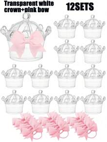 12/1 sets - Mini boîtes à bonbons couronne transparente avec nœud, mini boîtes à faveurs en forme de couronne transparente avec nœud papillon, boîtes à bonbons de biberon, boîtes de rangement décoratives pour bonbons, contenants de faveurs de fête pour bonbons, chocolats, gâteaux, desserts, princesse, mariage, anniversaire, baby shower, révélation de (rose, bleu, transparent) - Multicolore - Voir 11
