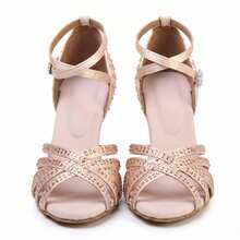 Apricot Lateinische Tanzschuhe für Damen, Cha-Cha-Performance-Schuhe für Erwachsene, High-Heel-Partyschuhe aus Stoff mit Strass, Ganzjahres-7,5cm-Absatz, weiche Sohle - Aprikosenfarben - Übersicht 5