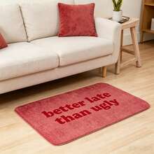 1pc Red Textured Deep Red Doormat With Bold Lettering Slogan "Better Late Than Ugly", Fun Casual Vintage Minimalist Flannel Rectangular Rug, Distressed Faux Fur Texture Bottom, Thick Cursive Font Design, Non-Slip Absorbent Entrance Mat, Suitable For Hallway, Kitchen, Balcony, Bedroom, Study, Children's Room, Bathroom, Bath, Pool - 1PC - View 7