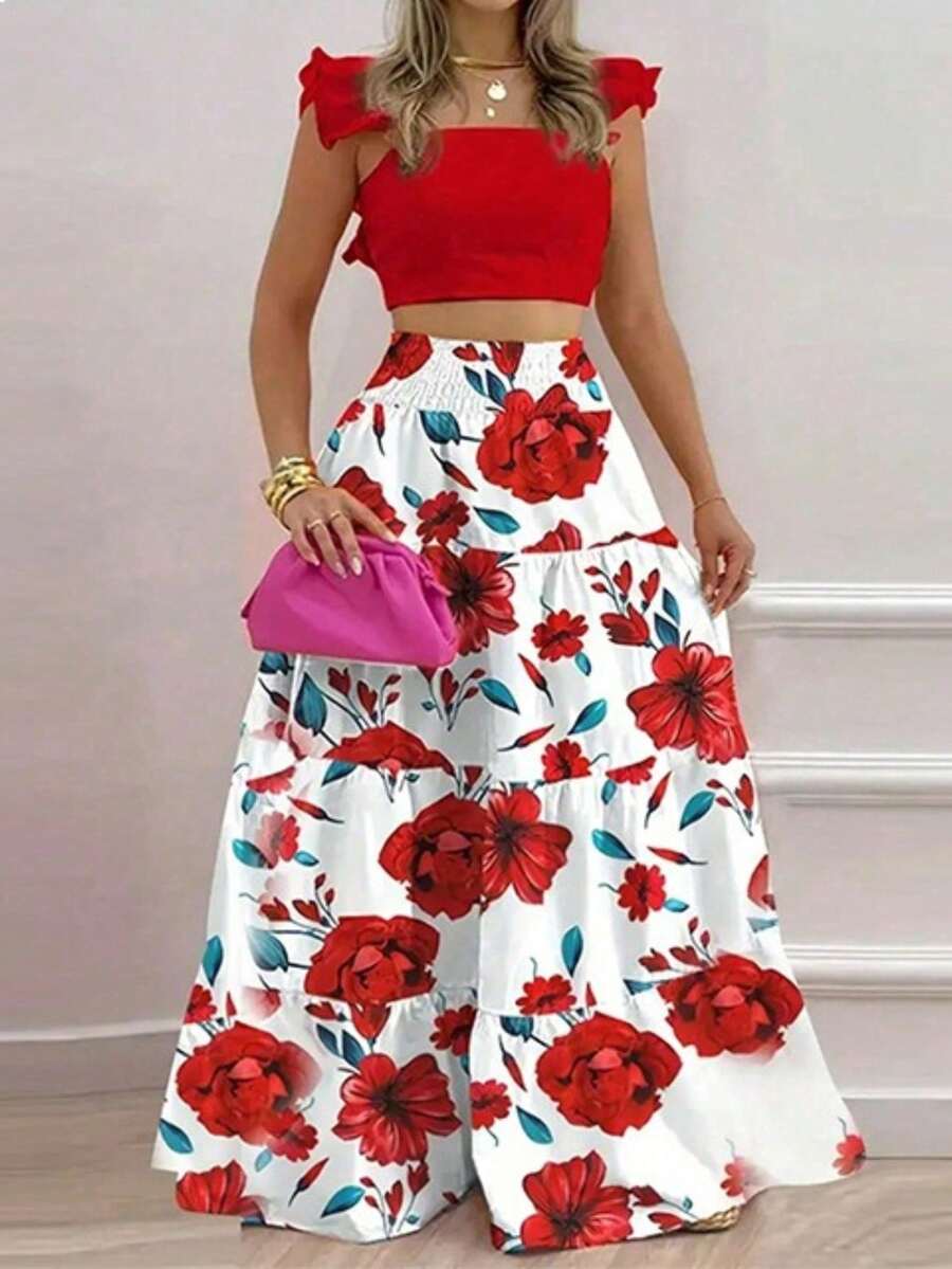 Women's Two-Piece Set, Ruffled Crop Top And Layered Ruffled Long Skirt - Red Floral Print - View 1