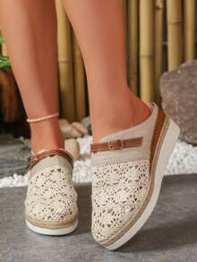 New Women's Fashion Hollow Woven Rope Bottom Thick Sole Wedge Sandals, Slip-On Comfortable Lightweight Breathable Versatile Mule Flat Sandals - Beige - View 6