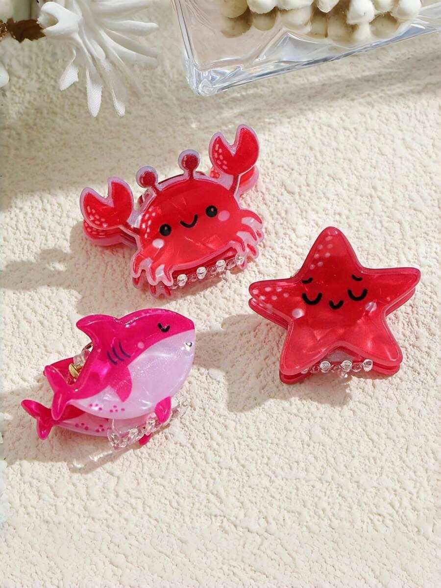 5 pièces/Set Pinces à cheveux animaux de l'océan, design mignon de requin, dauphin, étoile de mer, coquillage, crabe en acrylique - Multicolore - Voir 1