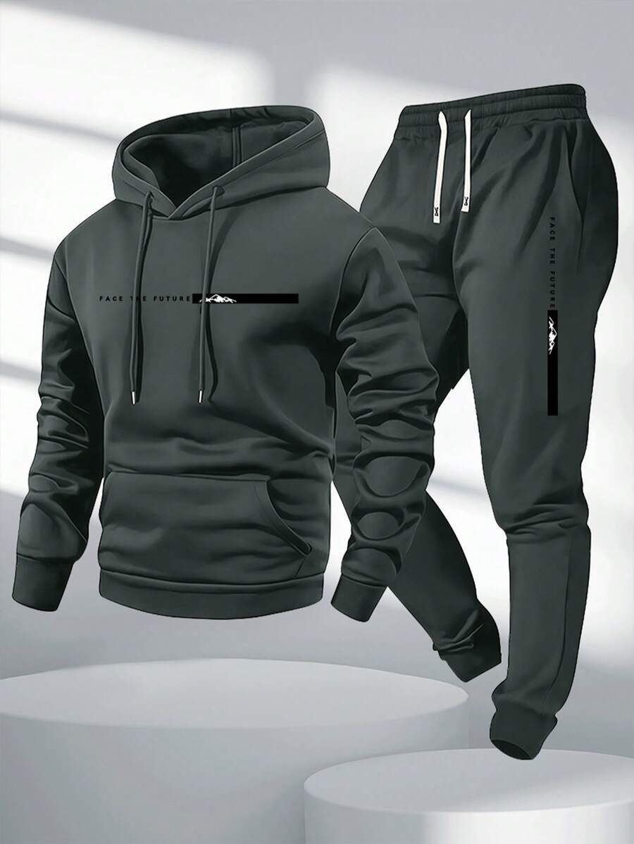 Bộ áo hoodie và quần dài nam mỏng in chữ Future & cây thông Noel, trang phục thường ngày thời trang có túi và quần cạp chun dây rút, phù hợp làm quà tặng cho chồng hoặc bạn trai - Màu xám đen - Xem 1