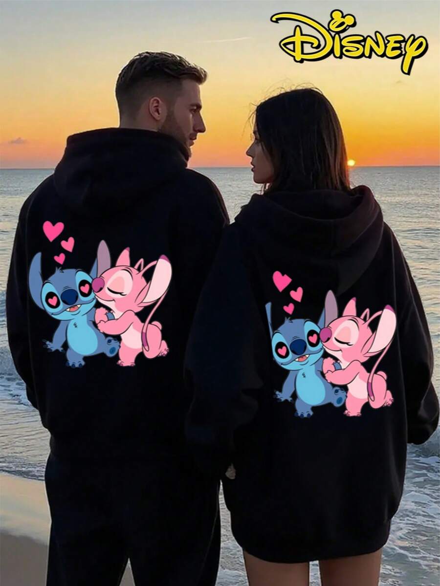 Disney Lilo & Stitch Stitch And Angel Kissing Couple Hoodie, Casual Loose Street Style Sweatshirt, Single Piece 1pcs - Áo nam màu đen - Xem 1