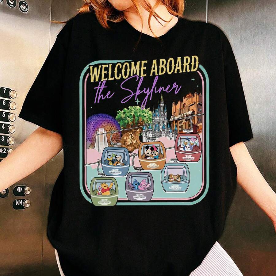 Disney Women's And Men's T-Shirts Skyliner Gondola Characters And Parks Printed Oversized T-Shirts, 100% Cotton Retro Short-Sleeved Casual Shirts, And Graphic Printing T-Shirts For Disney Park Travel Matching Outfits - màu đen - Xem 1