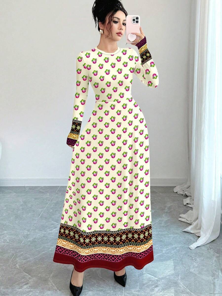 Vestido largo de línea A de manga larga y cuello redondo con estampado floral y de impresión en negro, diseño de cintura ceñida para mujer - Multicolor 2 - Ver 1