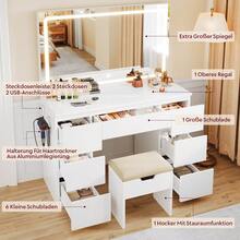Devoko Dressing Table With LED Mirror And Stool, White Vanity Table With Power Outlets, USB & Type-C, Hairdryer Holder And 7 Drawers, 115 X 40 X 139 Cm - 查看 6