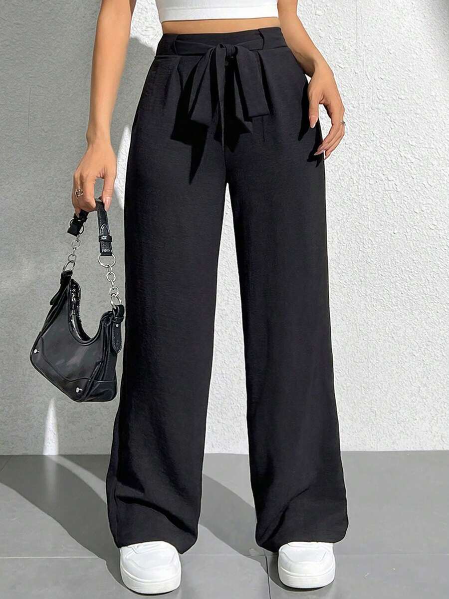 Pantalones de pierna ancha largos con cinturón y unicolor - Negro - Ver 1