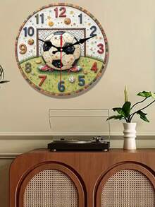 Round Wooden Wall Clock With Football Decoration, Silent Non-Ticking, Suitable For Home Decor, Gift Giving, AA Battery Not Included - 彩色 - 查看 7