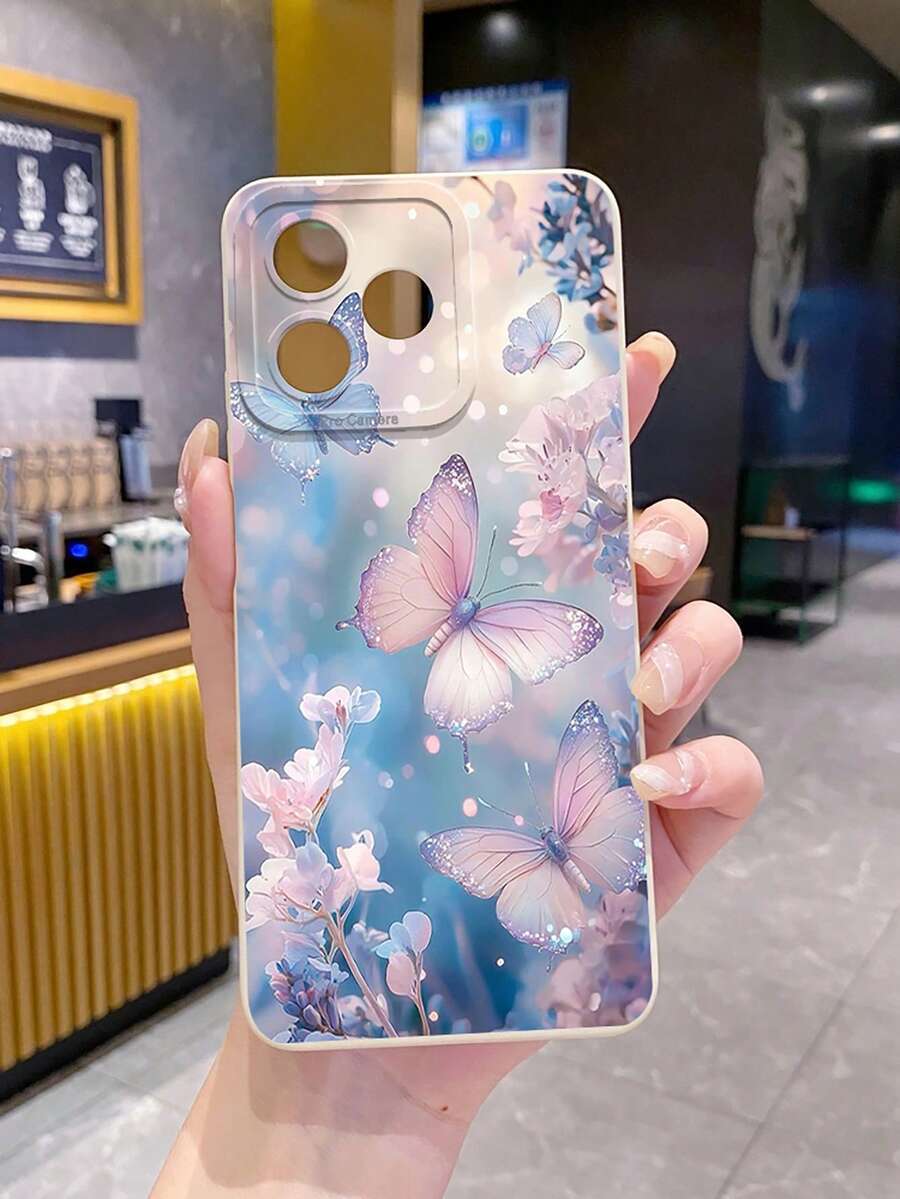 1個藍色&粉色蝴蝶UV印花防摔手機殼,適用於/Galaxy/Android機型 - 米色 - 查看 1