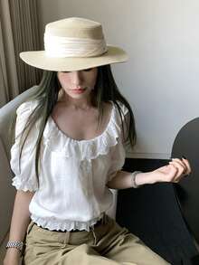 白色提花女款夏季法式風優雅修身蕾絲亞麻襯衫 - 白色 - 查看 4