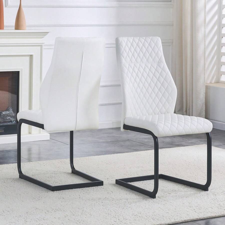 [Set Of 2] Dining Chairs With Diamond Pattern / Set Of 2 Modern Dining Chairs / High Backrest + Comfortable Seat Cushion / Non-Slip And Durable Metal Frame / Suitable For Dining Room, Living Room And Kitchen - 白色+黑色 - 查看 1
