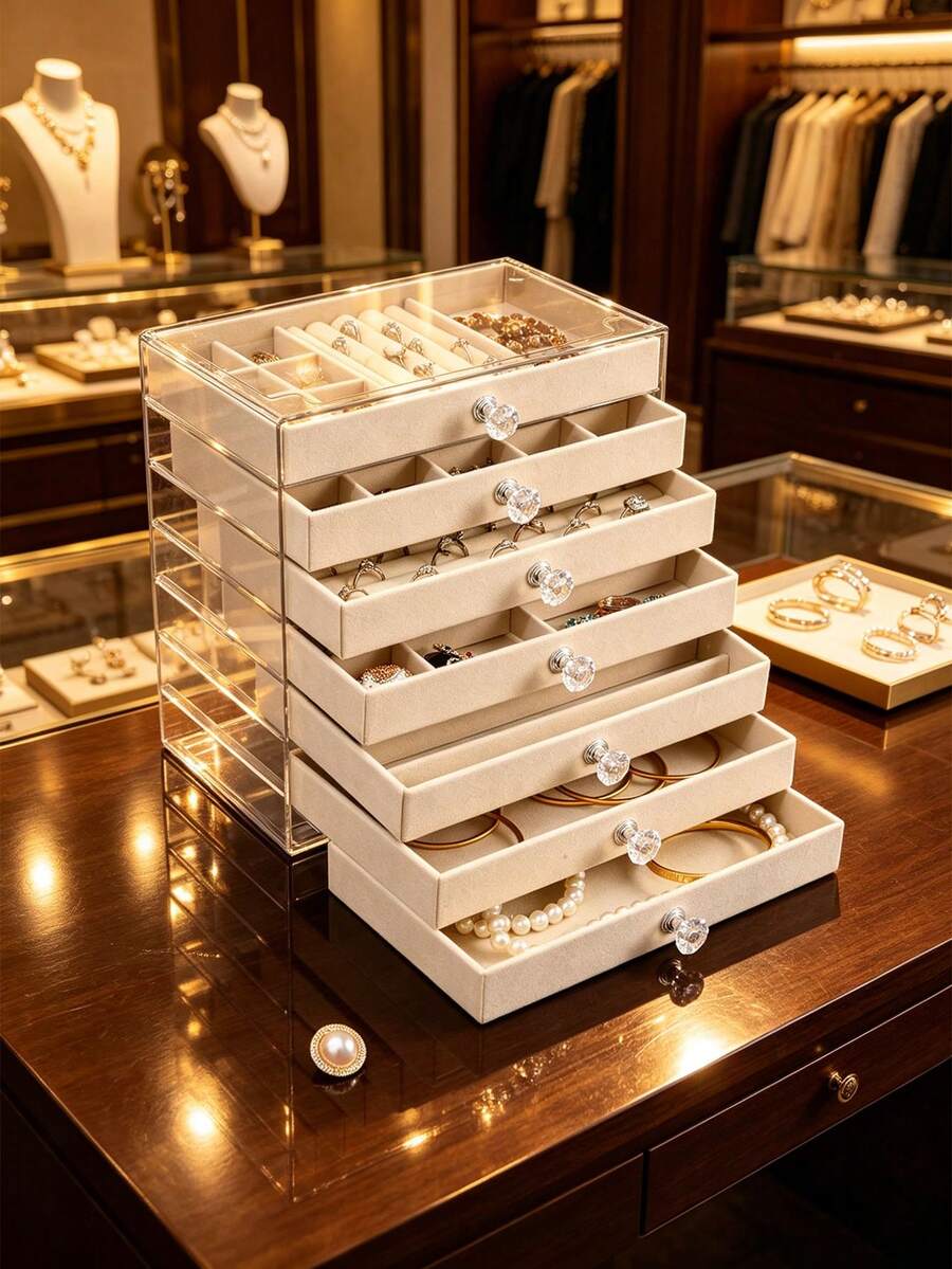 1 pieza Caja de almacenamiento de joyas de acrílico multicapa, revestimiento a prueba de arañazos y polvo, organizador de joyas para encimera del hogar, almacenamiento ordenado de collares, aretes, anillos, artículo de almacenamiento de joyas de lujo